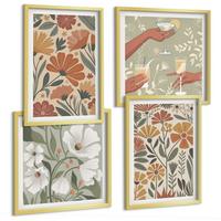 BILDER SET 4er Set - 50x50 cm & 40x60 cm Goldrahmen - Blumenmuster in Orange und Grün - Goldfarben, Kunststoff (50/50cm) - TULUP