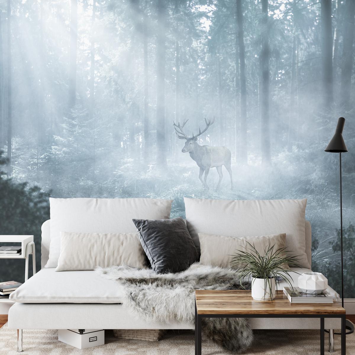 FOTOTAPETE für Wohnzimmer Hirsch Nebelwald Bäume Pflanzen 350x256 - Weiß/Grau, Papier (350/256cm) - Muralo