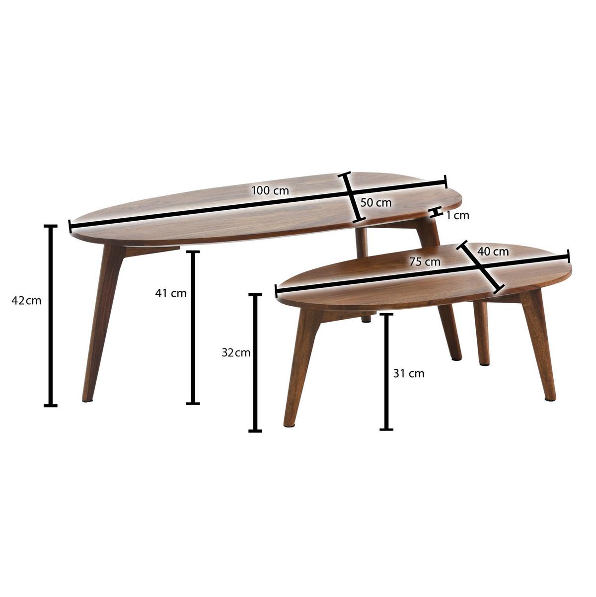 COUCHTISCH 2er Set Massivholz Nierenform Retro Handgefertigt, Braun 100x50x42 cm - Braun, Holz (50/100/42cm) - KADIMA DESIGN
