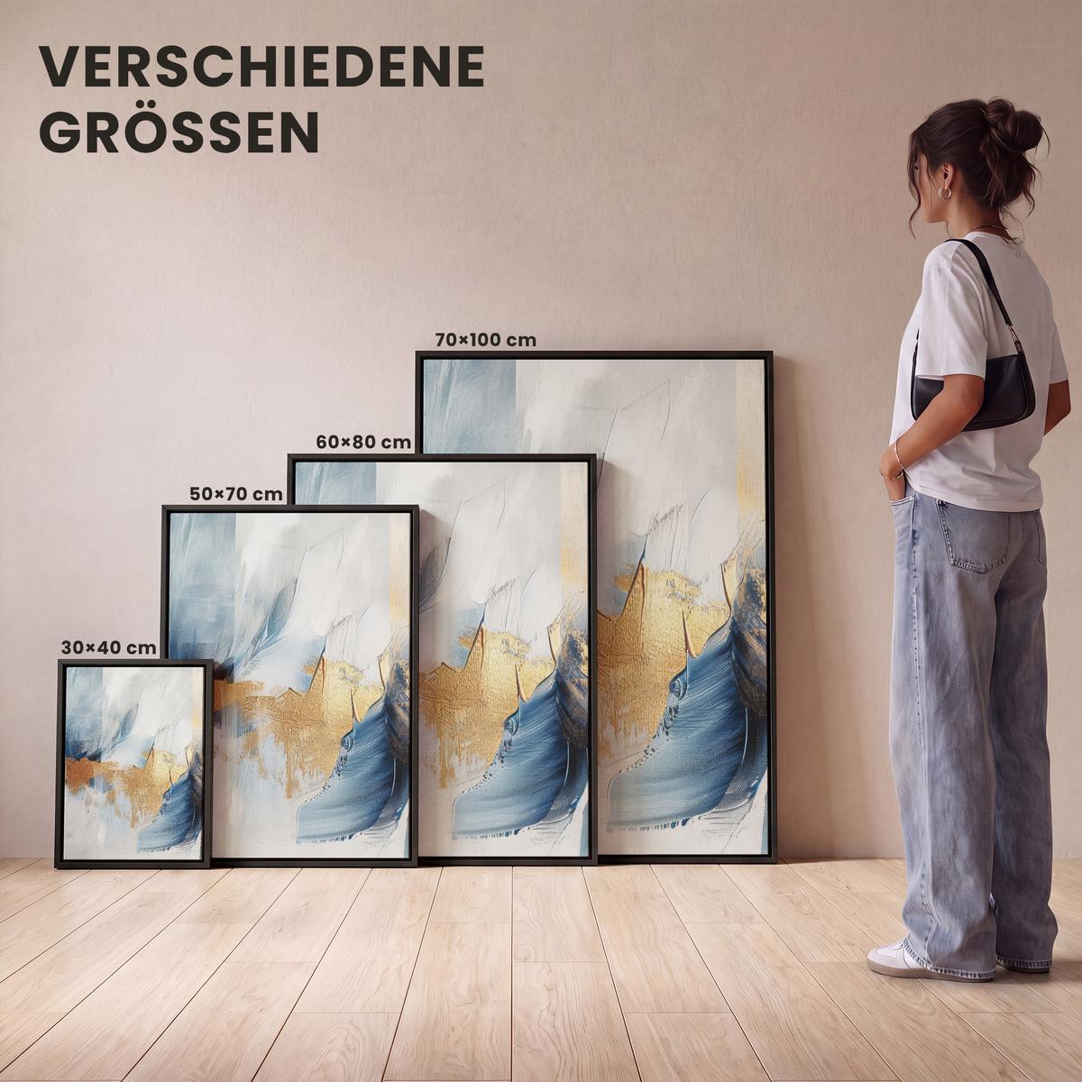 LEINWAND Bilder mit Rahmen - Gold - Blau - Aquarell - Kunst - Modern - 70x100 - Hellblau, Textil (70/100cm) - MuchoWow