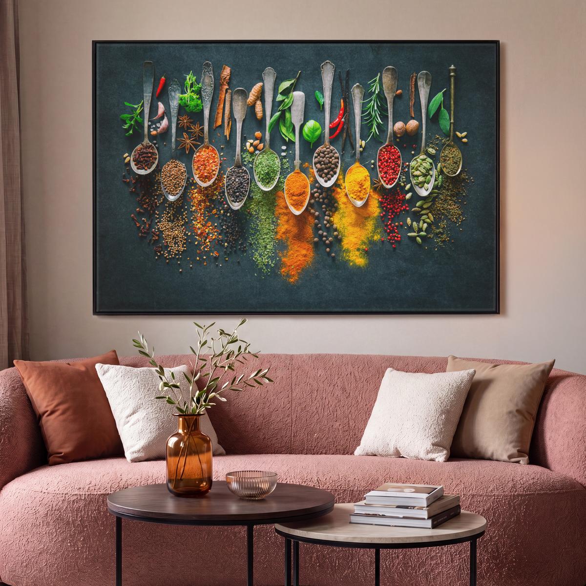 LEINWAND Bilder mit Rahmen - Kräuter - Gewürze - Löffel - 120x80 - Currygelb, Textil (120/80cm) - MuchoWow