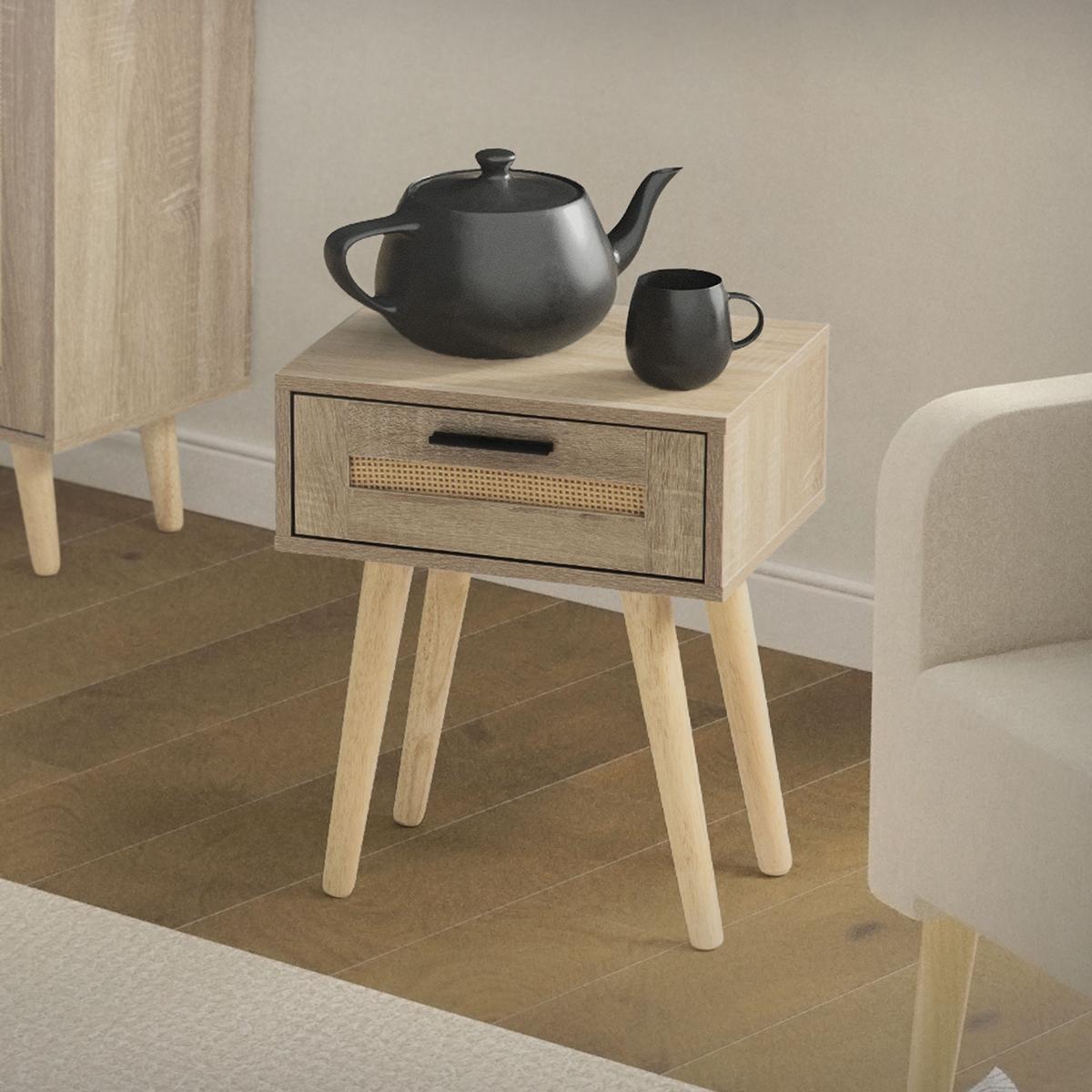 NACHTTISCH mit 1 Schublade 40x50,5x30 cm Eiche Optik Rattanfront - Beige/Naturfarben, Holz/Holzwerkstoff (40/50.5/30cm) - ML-DESIGN