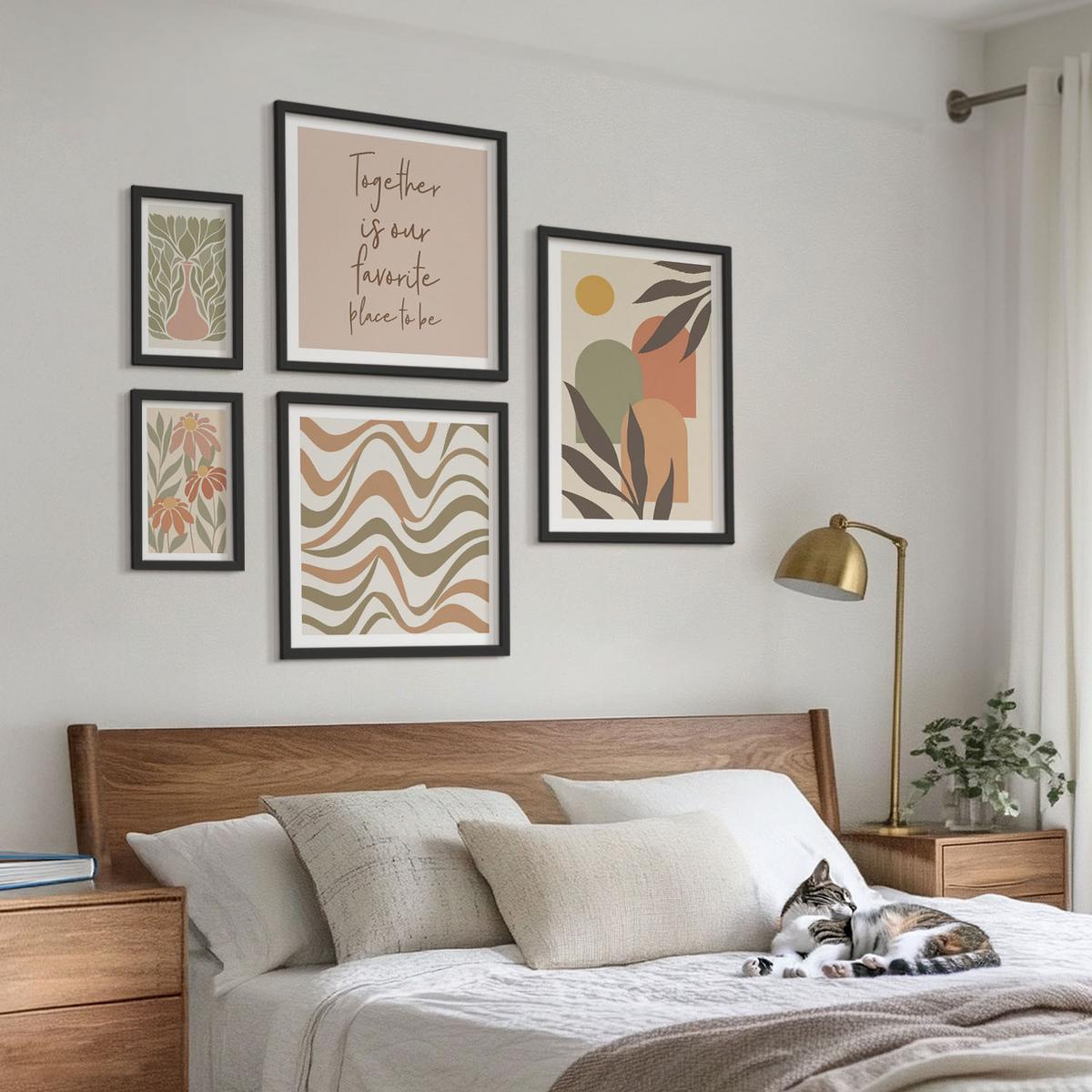 BILDER SET 5er Set - 50x50 cm & 20x30 cm & 40x60 cm Schwarzer Rahmen - Abstrakte Pastellblumen - Schwarz, Kunststoff (40/60cm) - TULUP