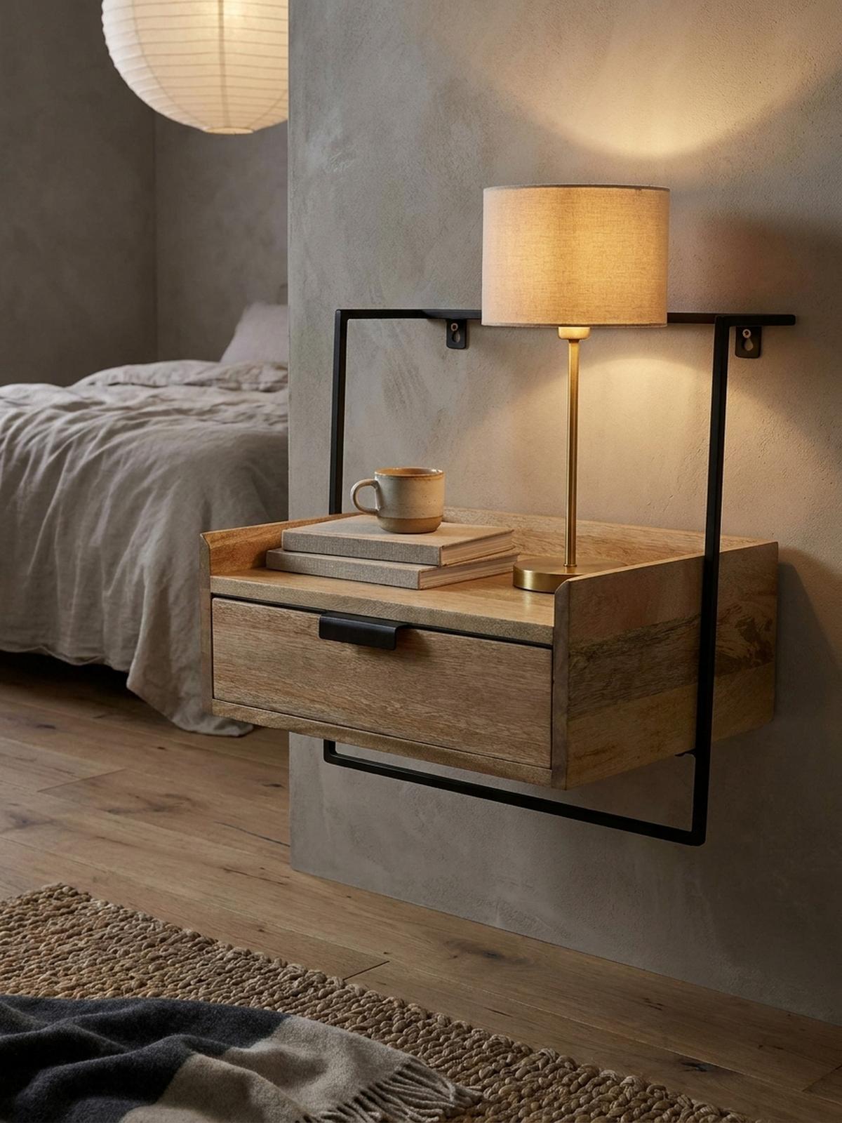 NACHTTISCH Mango Massivholz Wandmontage Schublade Boxspringbett, Beige 44x35x45 cm - Beige/Schwarz, Holz/Metall (44/45/35cm) - KADIMA DESIGN