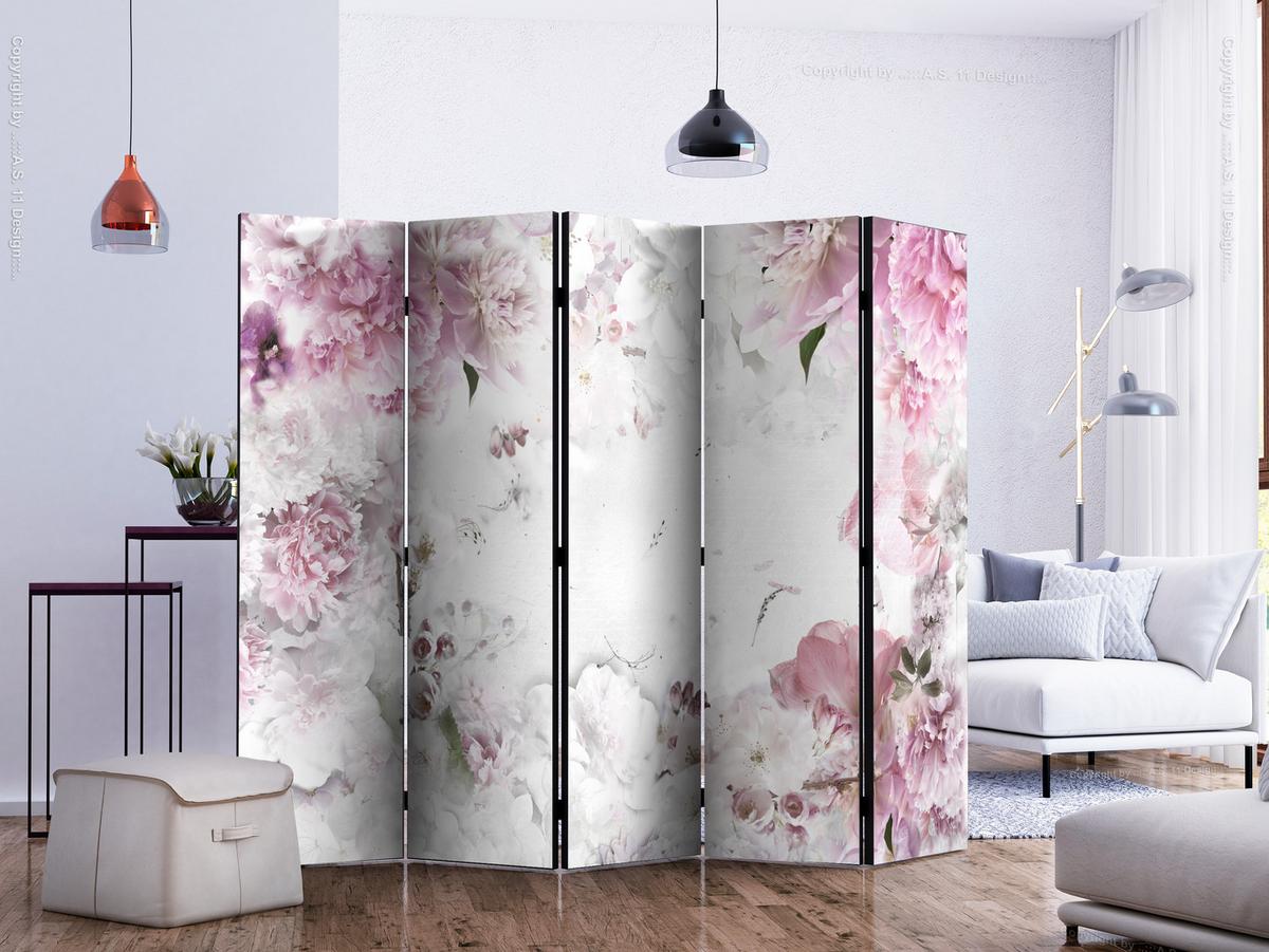 PARAVENT 5-tlg 225x172 cm Rosafarbene Pfingstrosen - Weiß, Holz/Textil (225/172/3cm) - Muralo