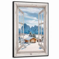 LEINWAND Bilder mit Rahmen - Winterlandschaft - Hütte - Berge - Ausblicke - Aussicht - Natur - 100x150 - Weiß Hochglanz, Textil (100/150cm) - MuchoWow