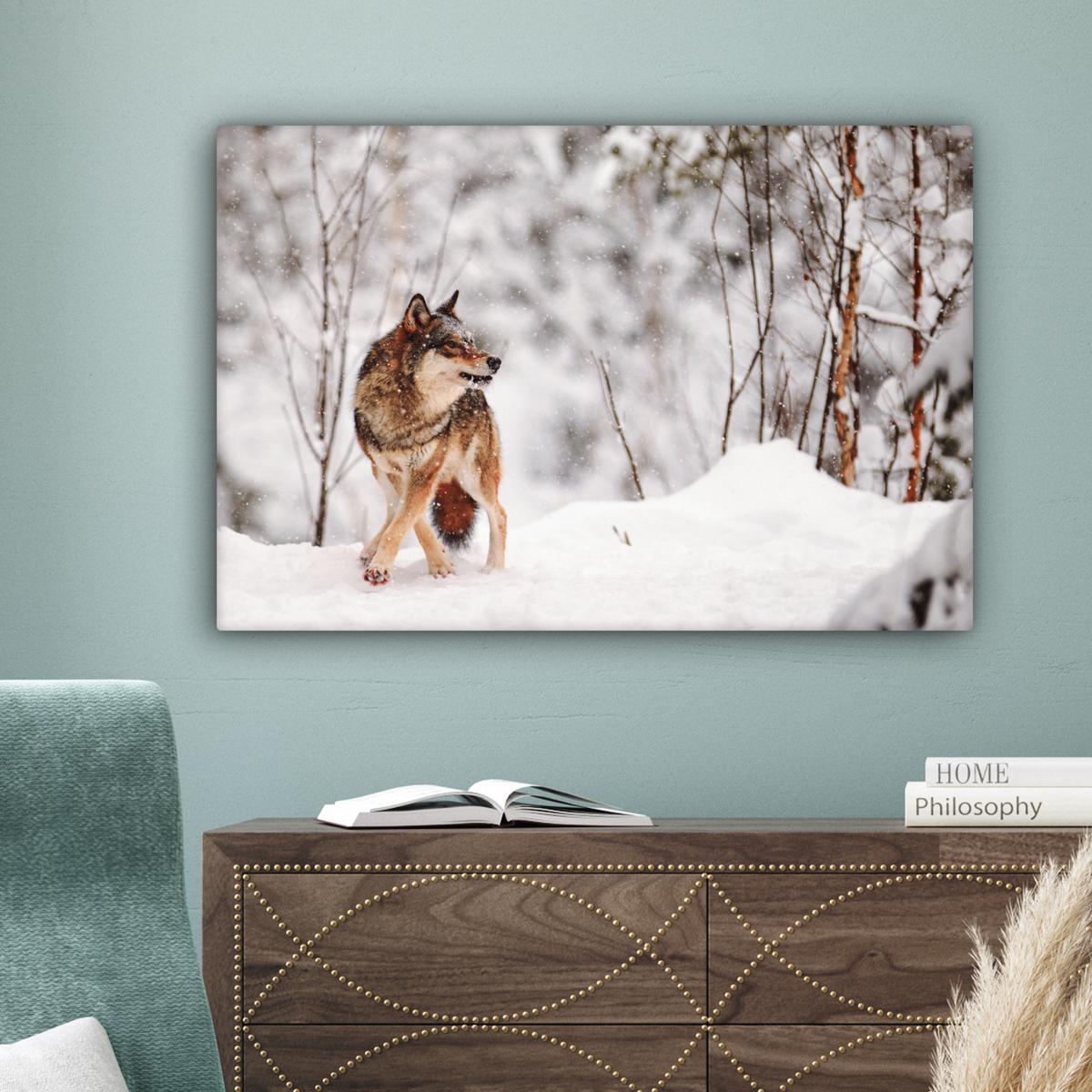 LEINWANDBILD Wolf - Winter - Schnee - Natur - Tiere Wanddeko 90x60 cm - Haselnussfarben, Textil (90/60cm) - MuchoWow