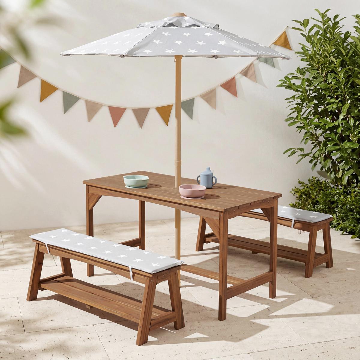 KINDERSITZGRUPPE mit Sitzauflage und Schirm teak - Teakfarben, Holz - Roba