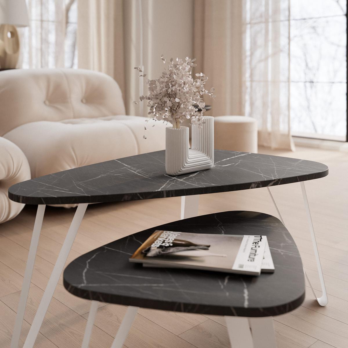 SATZTISCH NOA Stahlgestell, Freiform, Weiß / Grigia Pietra - Weiß/Grau, Holzwerkstoff/Metall (94/60/42cm) - Idohome
