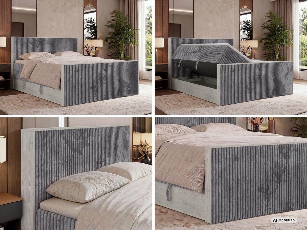 BOXSPRINGBETT NORDIC KING DUO 140/200 - Grau Cord - Topper Visco - H3 - Schwarz/Grau, Kunststoff/Textil (140/200cm) - MKS