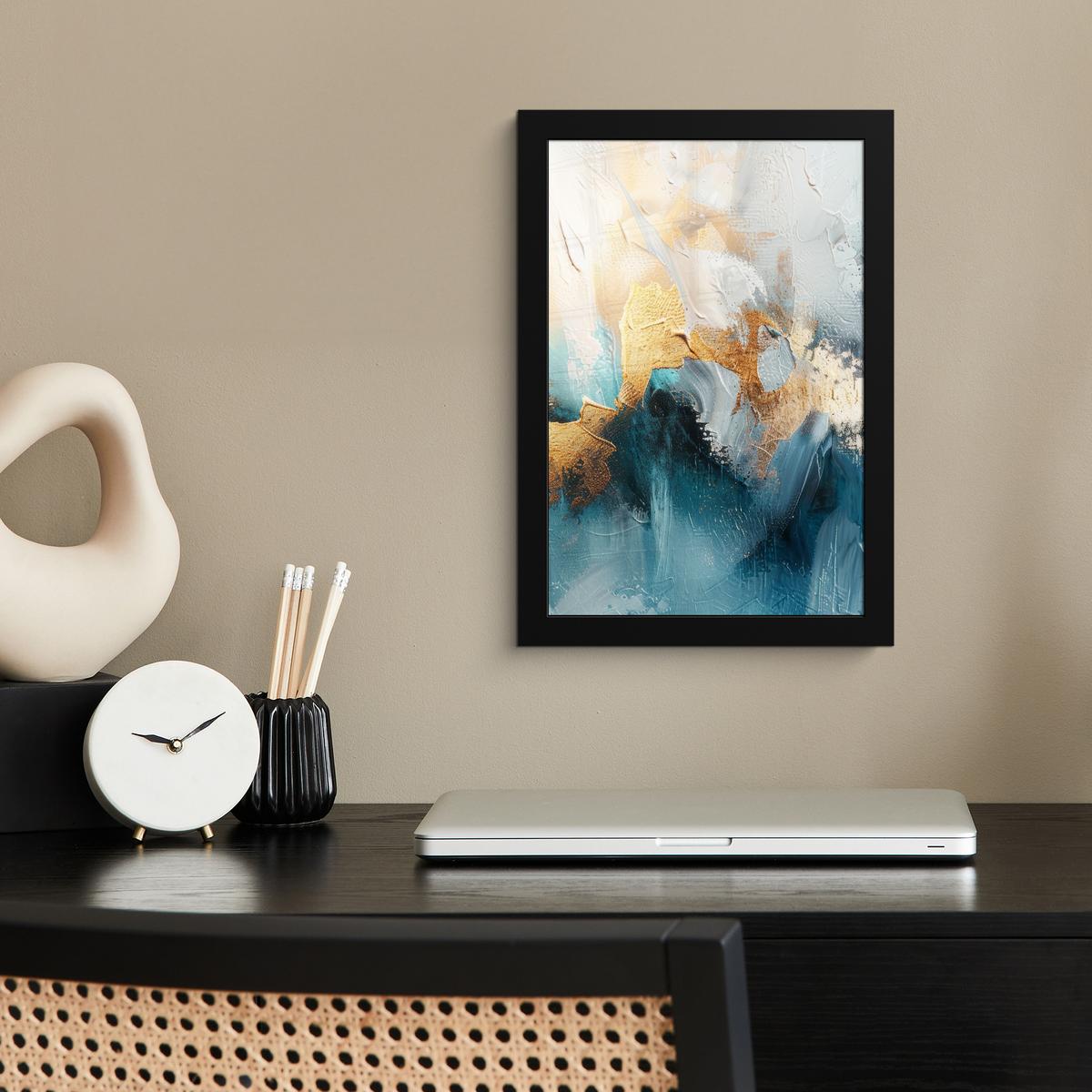 POSTER MIT RAHMEN Abstrakt - Kunst - Gold - Blau Poster 20x30 cm - Petrol, Papier (20/30cm) - MuchoWow