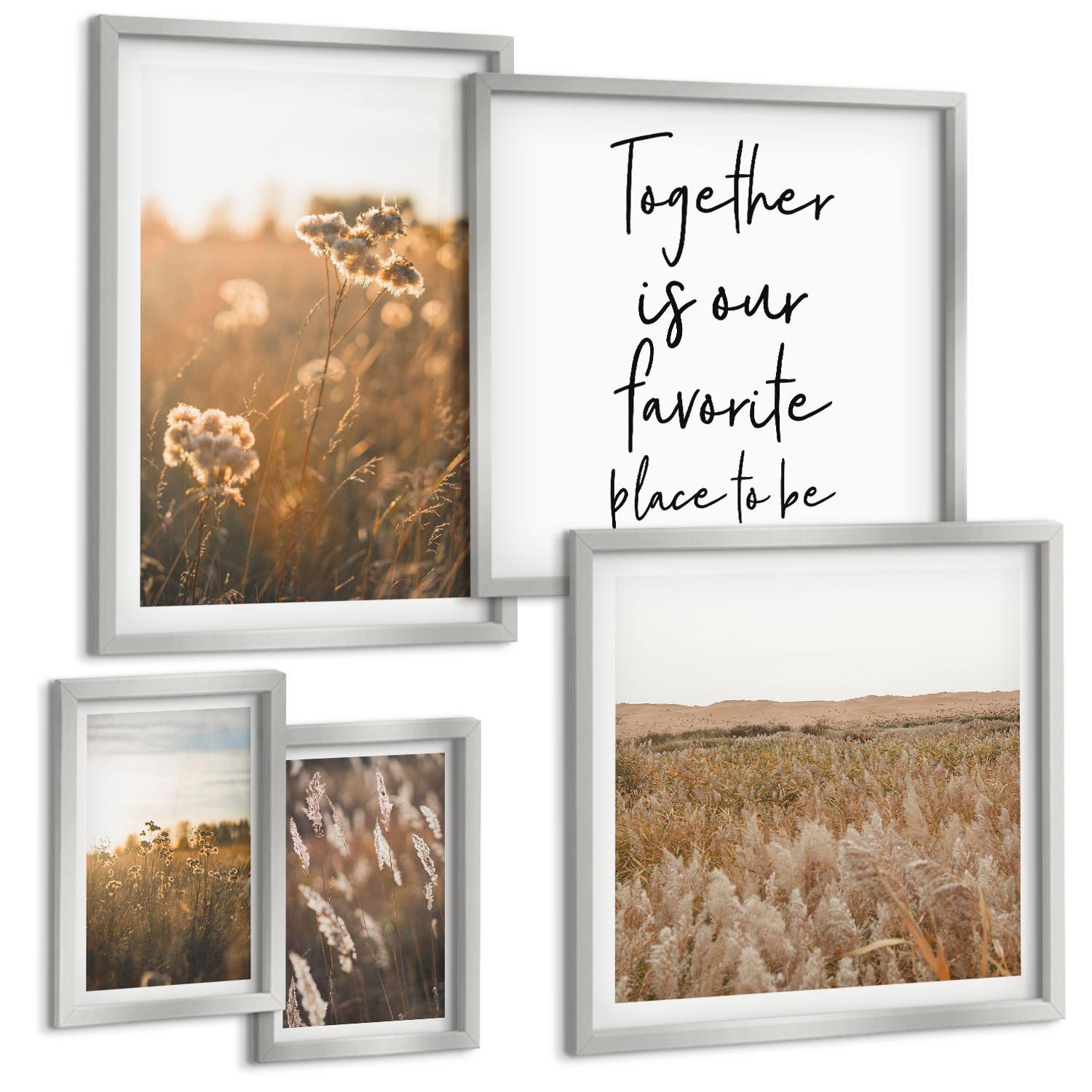 BILDER SET 5er Set - 50x50 cm & 20x30 cm & 40x60 cm Silberner Rahmen - Landschaftsgrasblumen Wärme - Silberfarben, Kunststoff (40/60cm) - TULUP