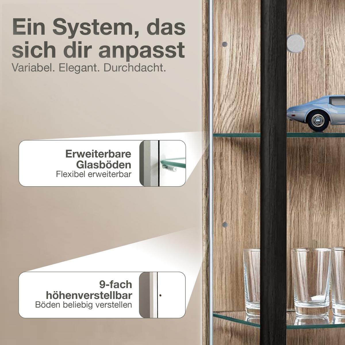 GLASVITRINE 33/37/176 cm mit LED & 4 höhenverstellbaren Glasböden - Transparent/Silberfarben, Glas/Holzwerkstoff (37/176/33cm) - K-Möbel