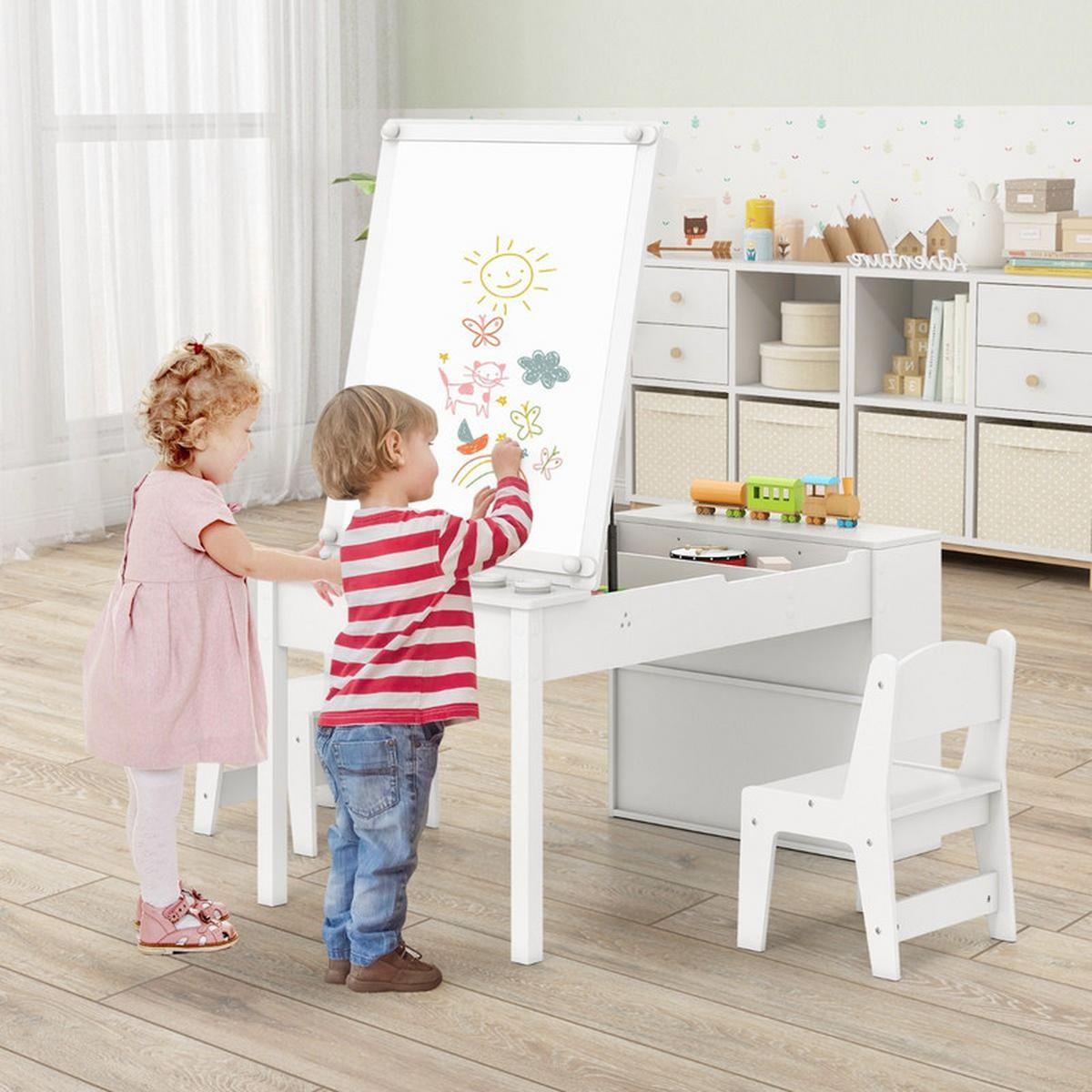 KINDERTISCH mit Stuhl weiß(3-tlg) - Weiß, Holzwerkstoff (109/55/60cm) - COSTWAY