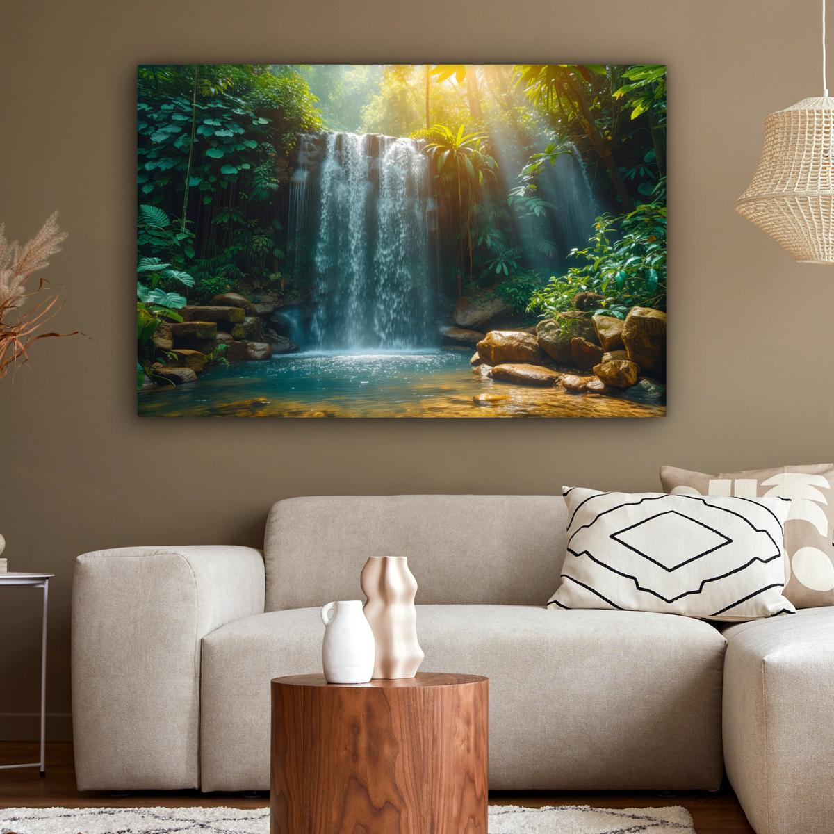 LEINWANDBILD Wasserfall - Dschungel - Sonne - Grün - Natur Groß 140x90 cm - Grün, Textil (140/90cm) - MuchoWow