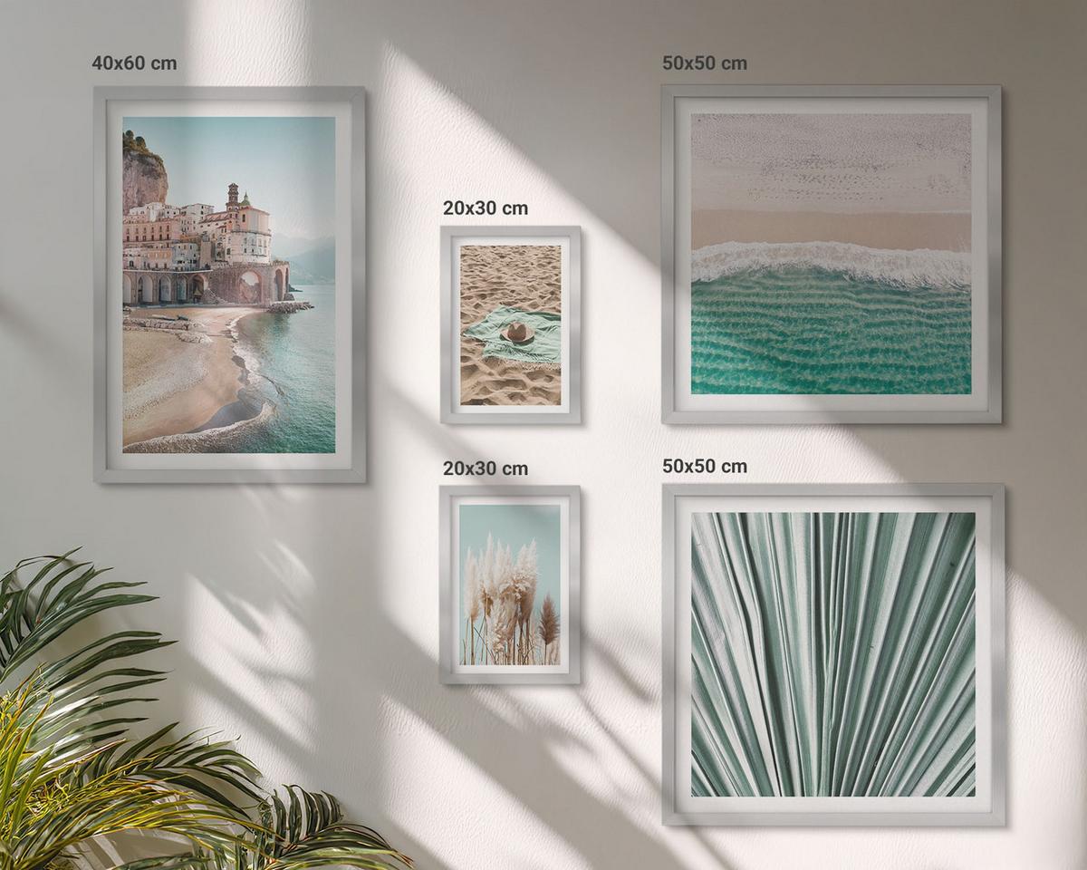 BILDER SET 5er Set - 50x50 cm & 20x30 cm & 40x60 cm Silberner Rahmen - Strandwellen Grashut - Silberfarben, Kunststoff (40/60cm) - TULUP