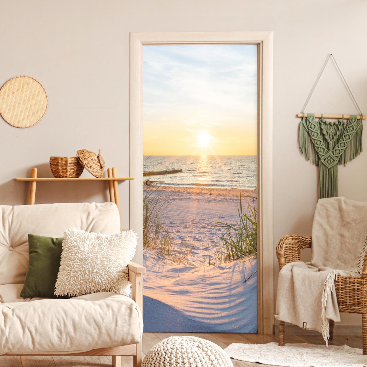 TÜRAUFKLEBER Strand - Sonne - Düne - Gras - Sand - Horizont Fototapete 75x205 cm - Türtapete - Dunkelgelb, Kunststoff (75/0.1cm) - MuchoWow