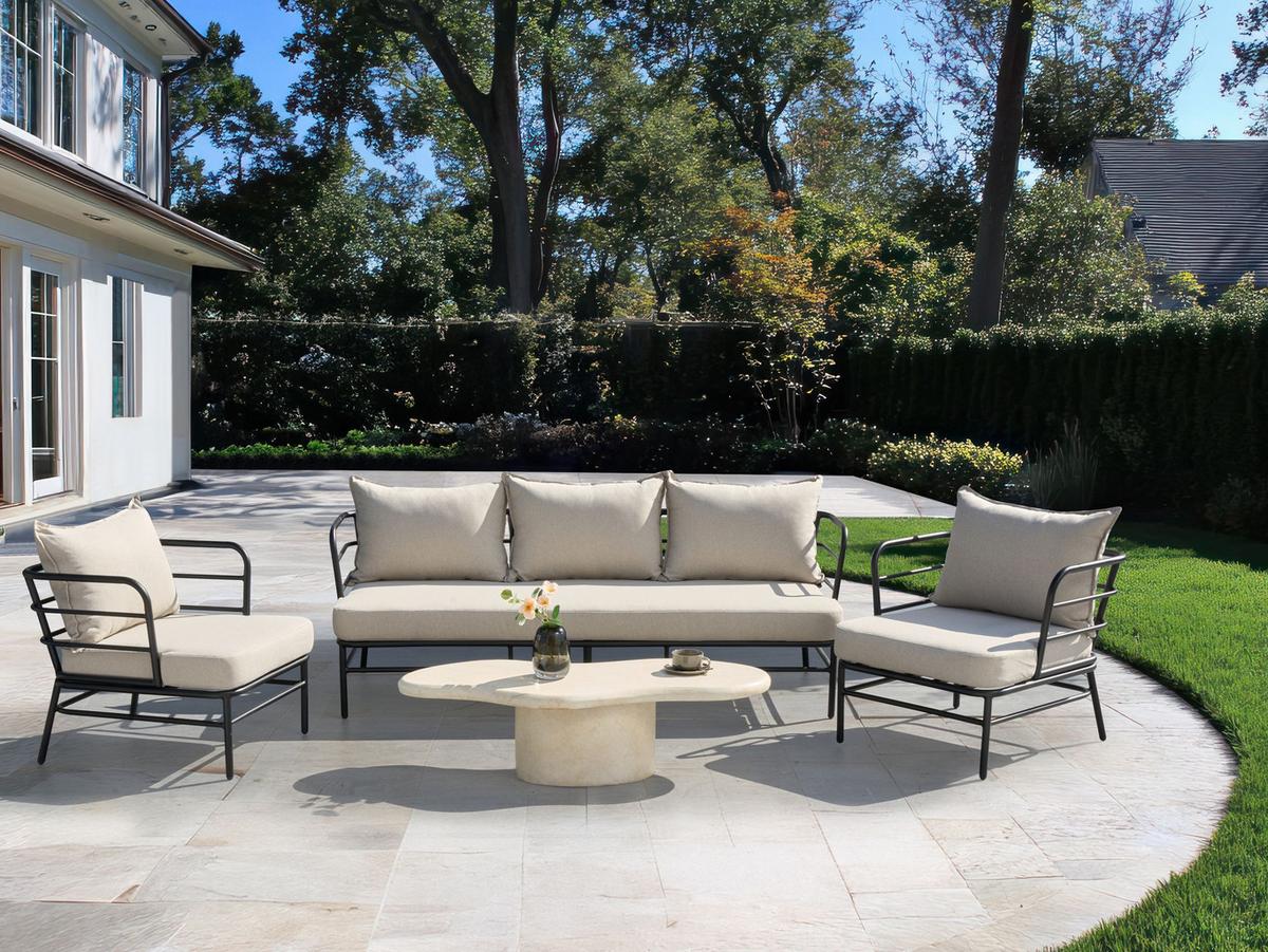 GARTENSOFA Set 5-Sitzer Metall Hellbeige Ponzone - Beige/Schwarz, Metall (196/80/79cm) - Beliani