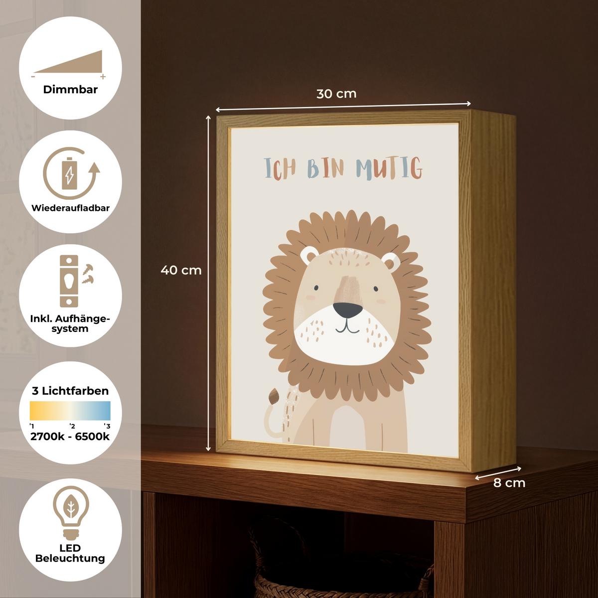 NACHTTISCHLAMPE MIT AKKU Löwe - Beige - Tier - Mutig - Zitat 30x40 cm - Beige, Holzwerkstoff (8/30/40cm) - OnlyWow