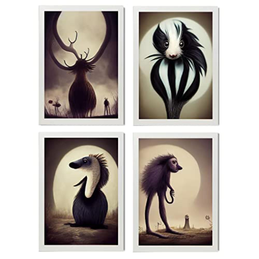 POSTER Set mit 4 Tier Braun im T Burton Goth Stil A4 Weißer Rahmen - Weiß, Papier (29.7/3cm) - Nacnic