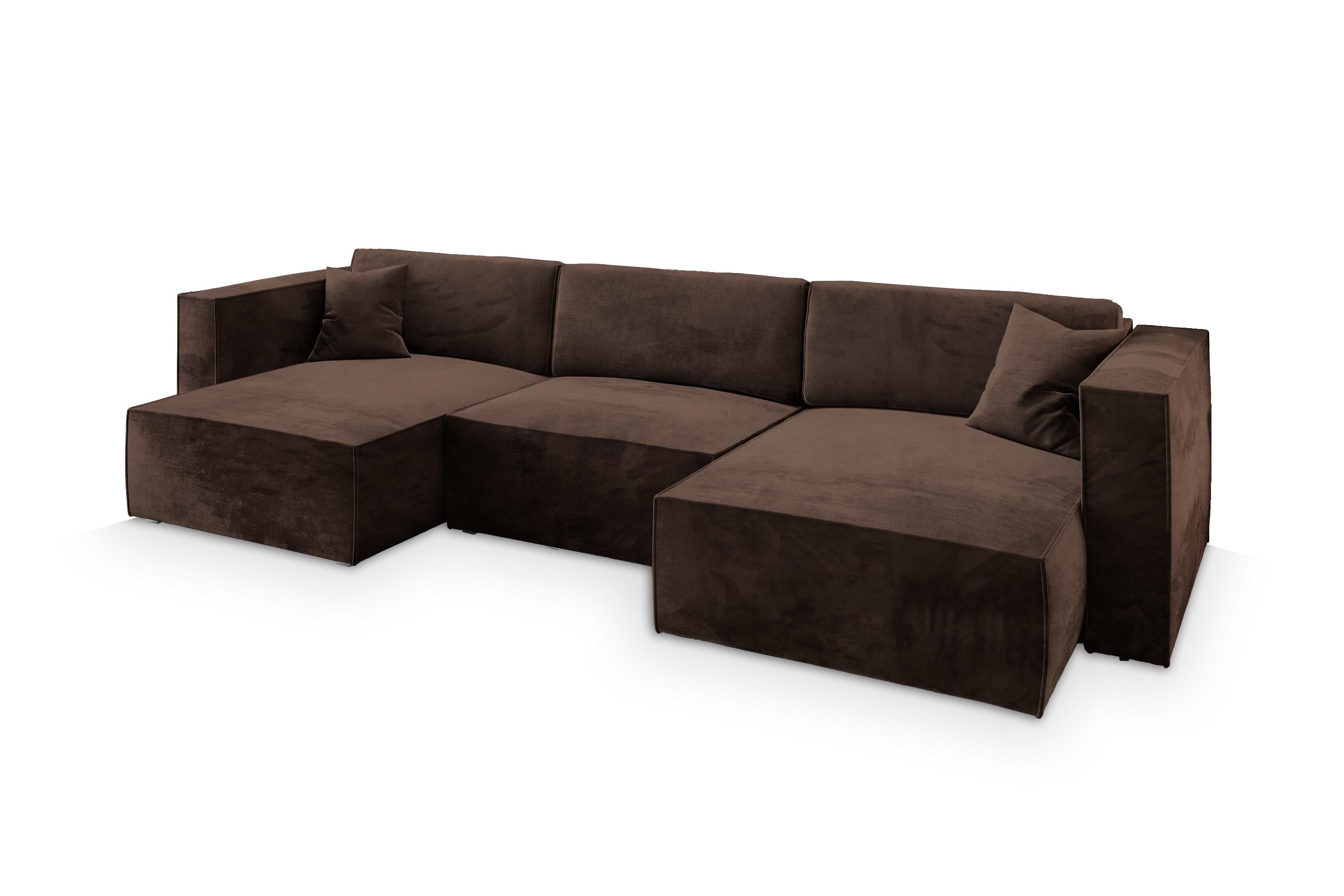 WOHNLANDSCHAFT SARMO M Braun Velours-Stoff mit Schlaffunktion - Braun/Grau, Holz/Kunststoff (347/70/148cm) - MASSENO