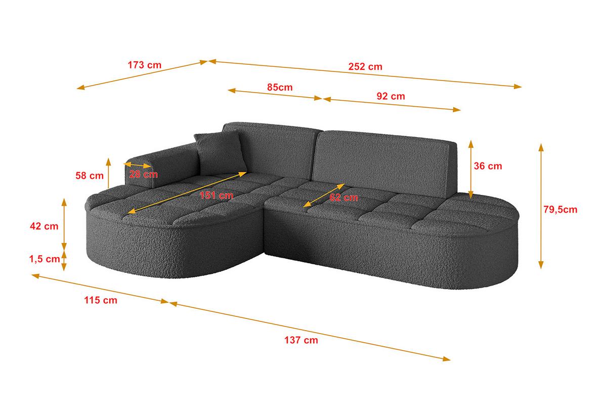 ECKSOFA Ottomane Links LIVO-L1 - 252x173x79,5 cm Grau - Grau, Holzwerkstoff/Textil (252/173cm) - ALTDECOR