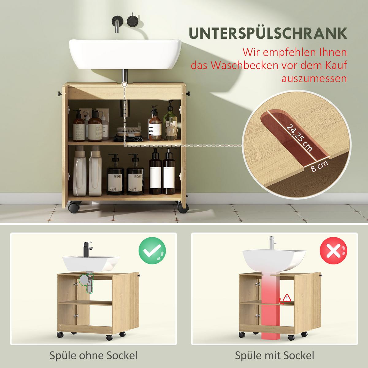 WASCHBECKENUNTERSCHRANK Spanplatte MDF Naturholz - Eichefarben, Holzwerkstoff (39.8/62/60cm) - HOMCOM