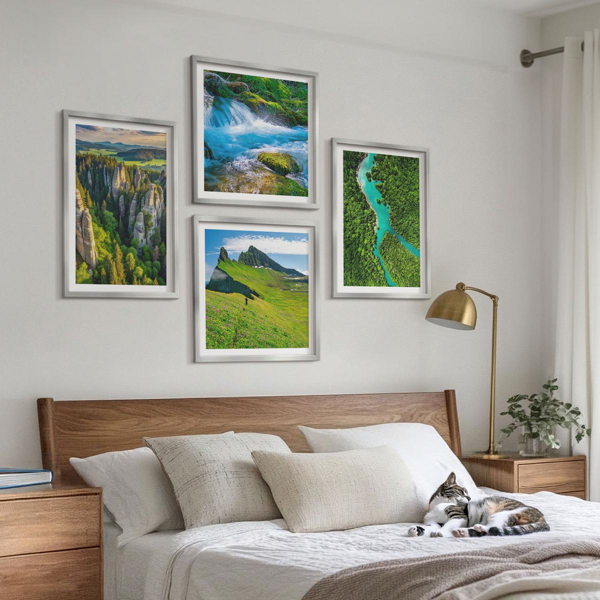 BILDER SET 4er Set - 50x50 cm & 40x60 cm Silberner Rahmen - Grüne Berge, Flussfelsen - Silberfarben, Kunststoff (50/50cm) - TULUP