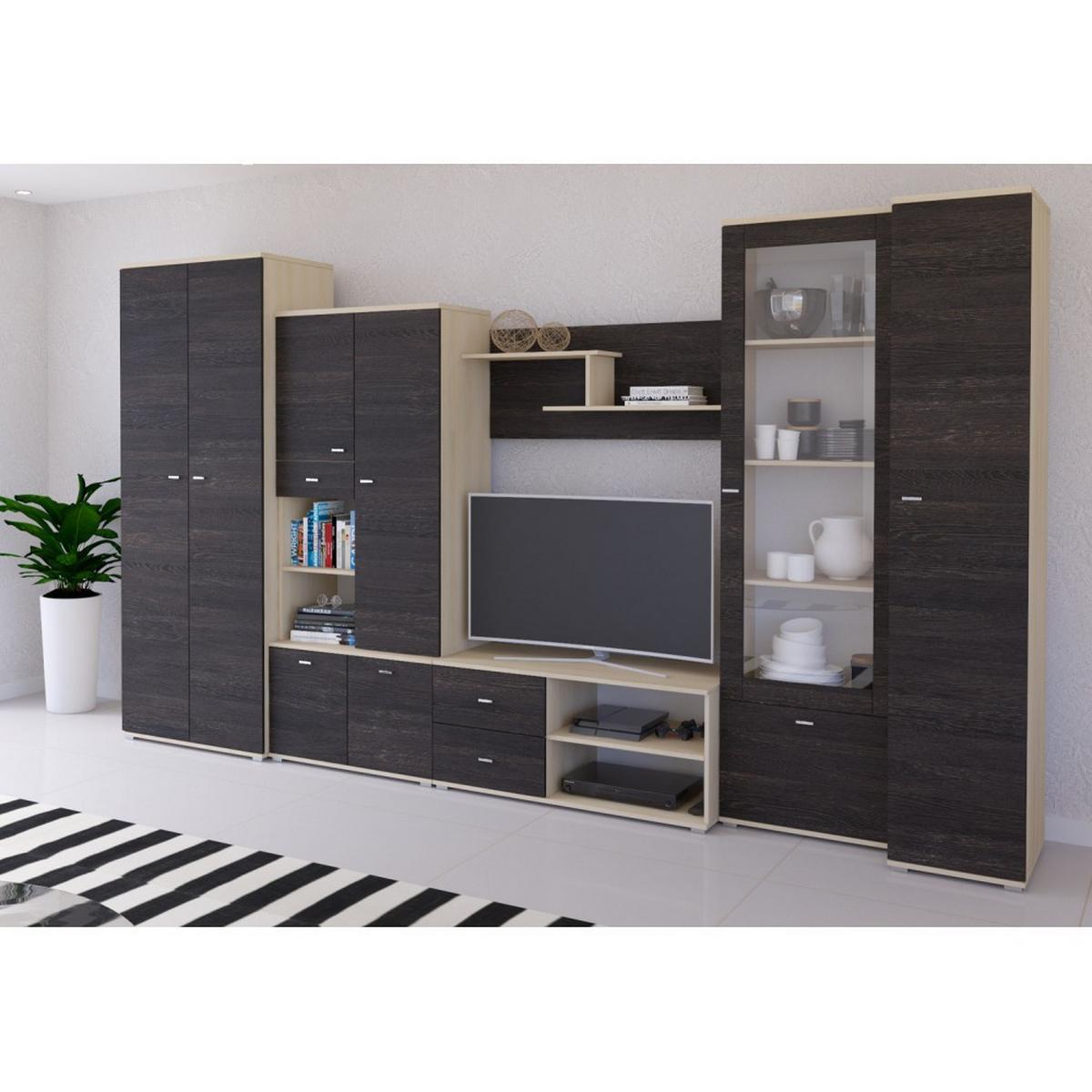 WOHNWAND 370/201/51 cm ARS Esche/Canterbury Eiche - Beige/Braun, Holzwerkstoff (370/201/51cm) - imoebel24