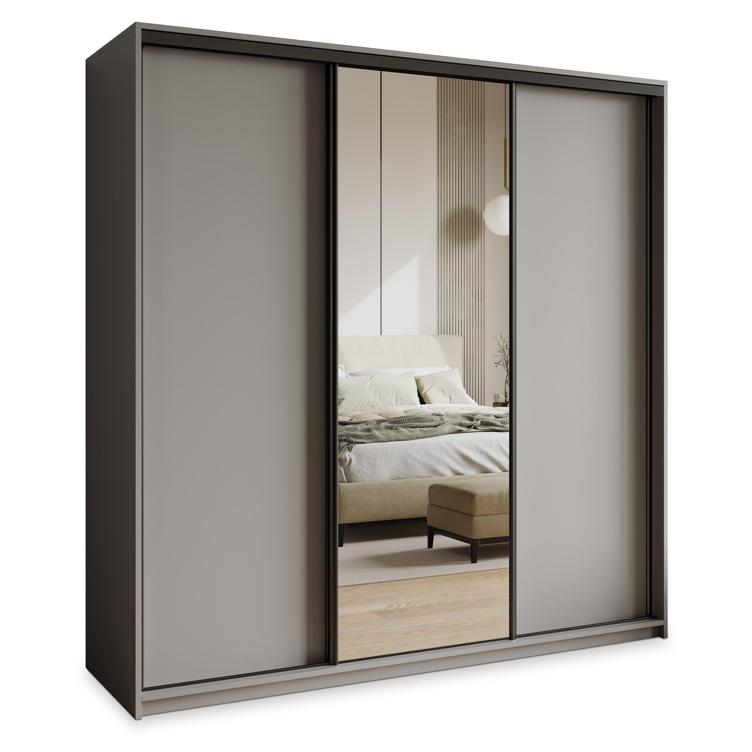 SCHWEBETÜRENSCHRANK TAVI 180/205/60 cm 3-türig mit Spiegel und Schubladen Graphitfarben - Graphitfarben/Schwarz, Holzwerkstoff (180/205/60cm) - MASSENO