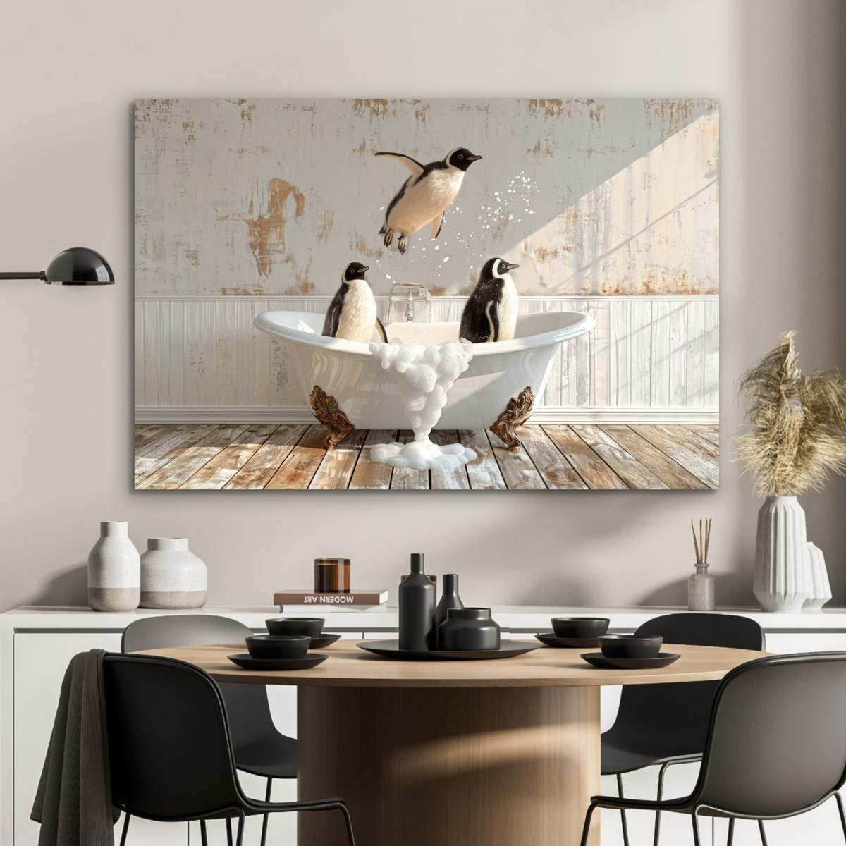 METALLBILD Vintage - Pinguin - Badewanne - Schaumstoff Wanddeko 90x60 cm - Schwarz, Metall (90/60cm) - MuchoWow