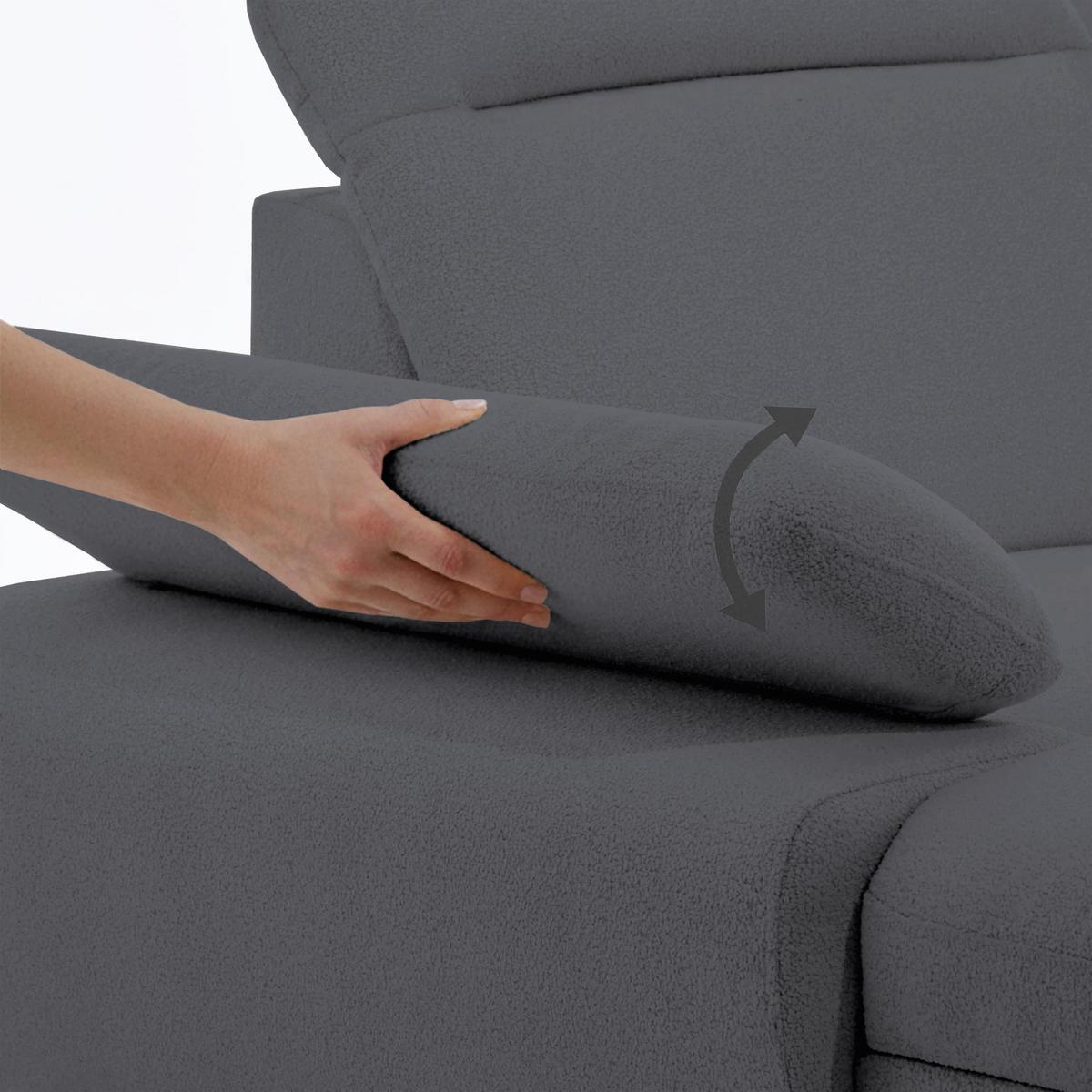 WOHNLANDSCHAFT Sora U mit Schlaffunktion und verstellbarer Sitztiefe, Kopfstützen und Armlehne, 365 cm, Anthrazit, Links - Anthrazit/Schwarz, Textil (365/107/235cm) - Beautysofa
