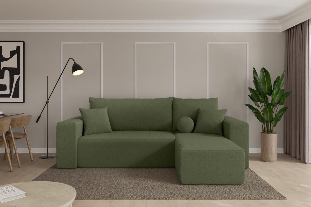 ECKSOFA mit Schlaffunktion Ottomane Rechts SENO-L 249x139x85 Grün Bouclé - Schwarz/Olivgrün, Holzwerkstoff/Kunststoff (249/139cm) - ALTDECOR
