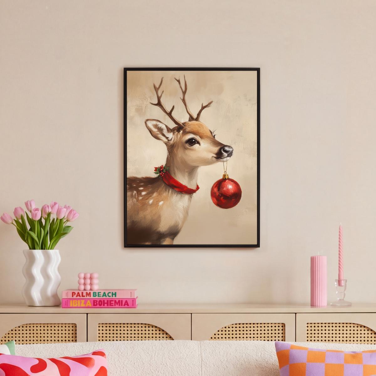 LEINWAND Bilder mit Rahmen - Weihnachten - Hirsch - Geweih - Weihnachtskugel - Rentier - 50x70 - Hellbraun, Textil (50/70cm) - MuchoWow