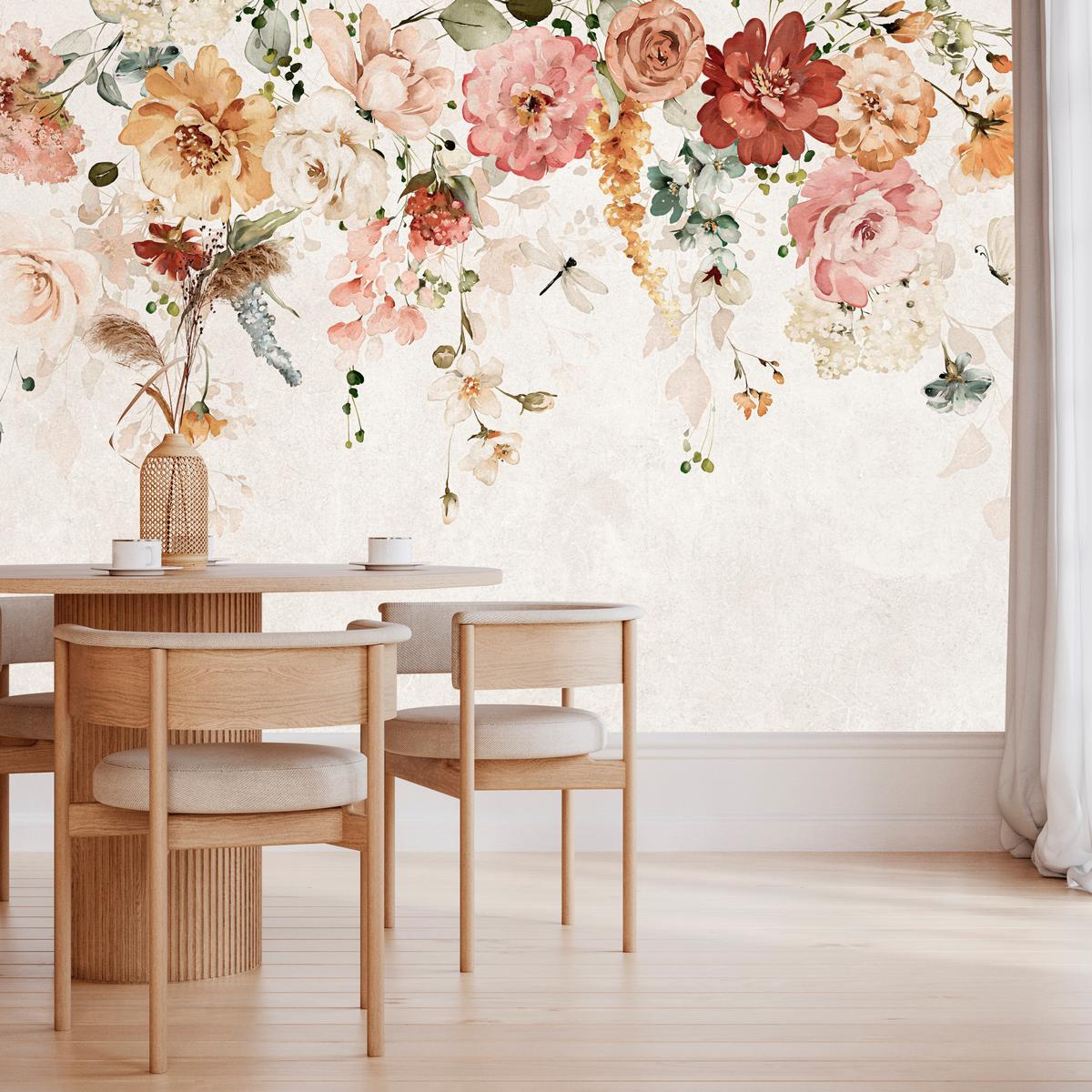 FOTOTAPETE für Esszimmer Aquarellblumen Blätter Pflanzen Pfingstrosen Rosen 450x315 - Multicolor, Papier (450/315cm) - Muralo