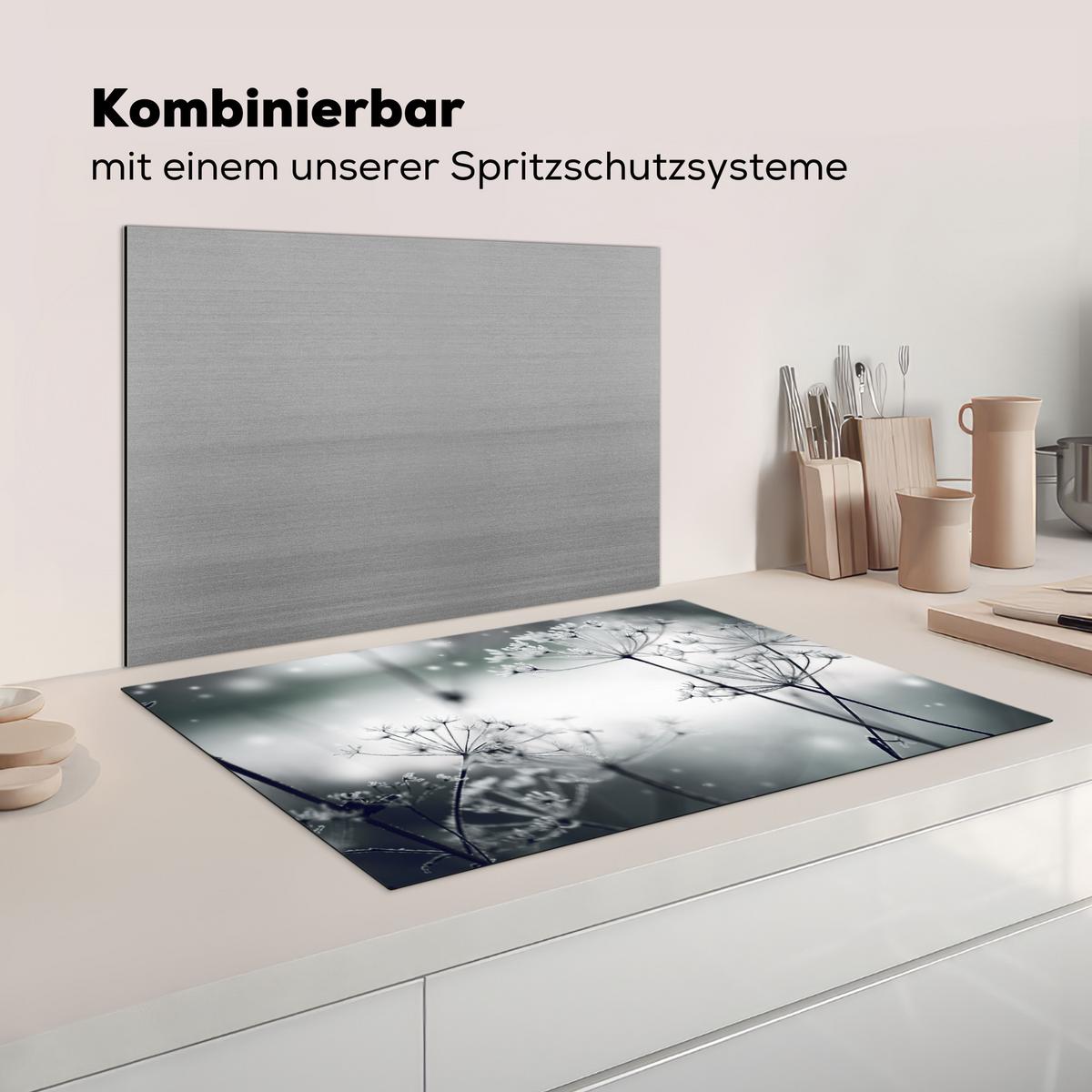 HERDABDECKPLATTE Blumen - Winter - Schnee - Natur Induktionsschutz 81.6x52.7 cm - Grau, Kunststoff (81.6/52.7/0.2cm) - MuchoWow