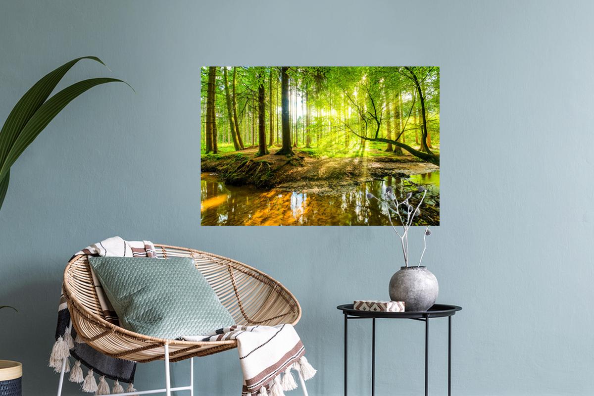 WANDTATTOO Wald - Landschaft - Wasser - Bäume - Sonne - Grün - Natur Deko Wohnzimmer 60x40 cm - Grün, Kunststoff (60/40/0.1cm) - MuchoWow