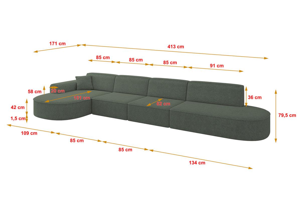 ECKSOFA Ottomane Links MARI-L3 - 413x171x79 cm Grün Tissu - Schwarz/Grün, Holzwerkstoff/Kunststoff (413/171cm) - ALTDECOR