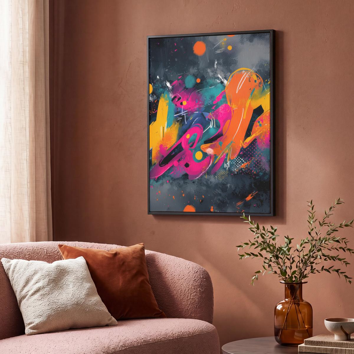 LEINWAND Bilder mit Rahmen - Abstrakt - Graffiti - Farbenfroh - Farbspritzer - 70x100 - Multicolor, Textil (70/100cm) - MuchoWow