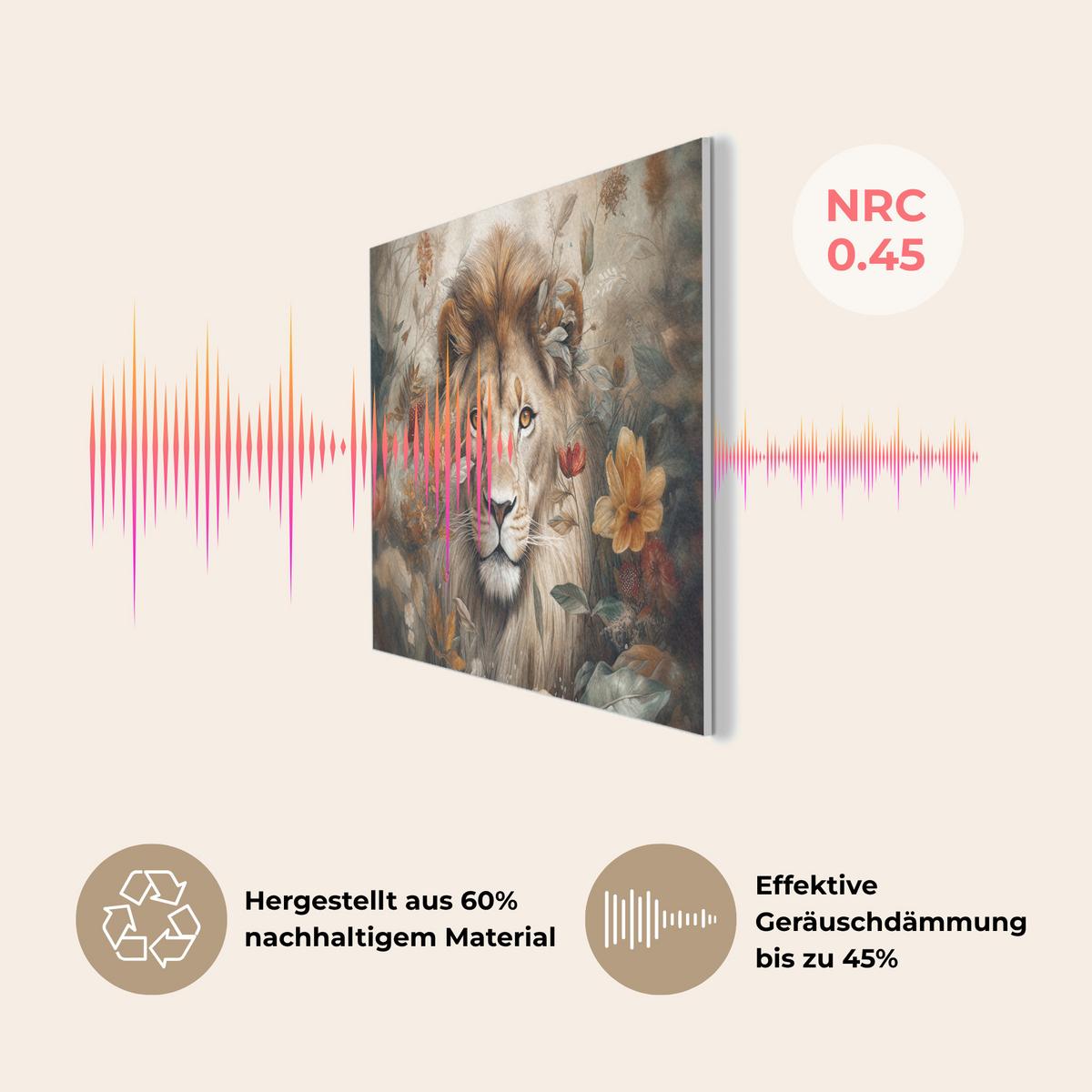 AKUSTIKBILD Löwe - Wildtiere - Pflanzen - Natur - Blumen Akustikpaneele 90x60 cm - Beige, Kunststoff (90/60/0.9cm) - MuchoWow