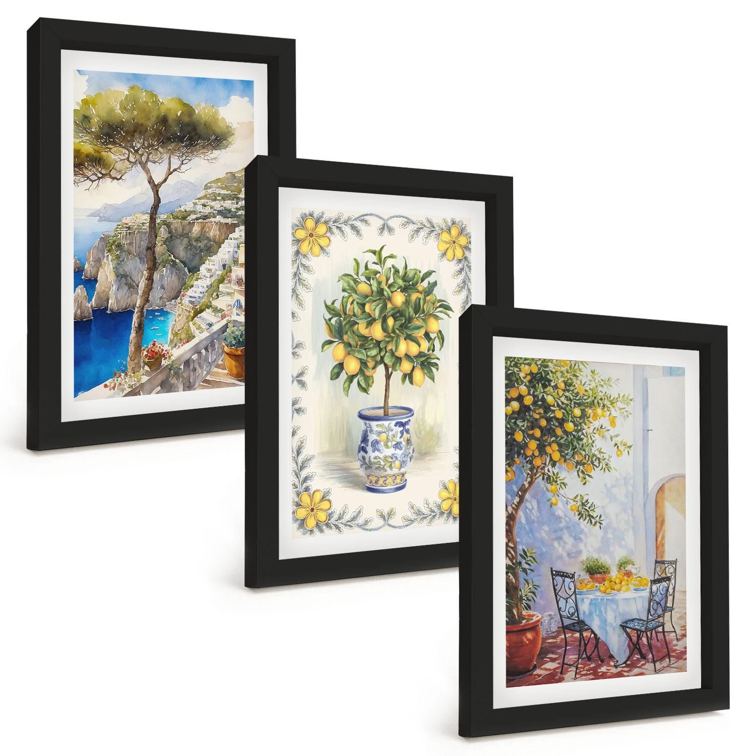 BILDER SET 3er Set - 20x30 cm Schwarzer Rahmen - Blick auf das Meer aus Zitronenbäumen - Schwarz, Kunststoff (20/30cm) - TULUP