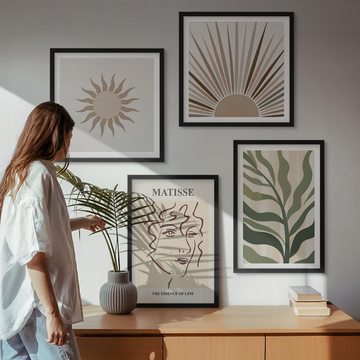 BILDER SET 4er Set - 50x50 cm & 40x60 cm Schwarzer Rahmen - Abstrakte Pflanzenmuster - Schwarz, Kunststoff (50/50cm) - TULUP