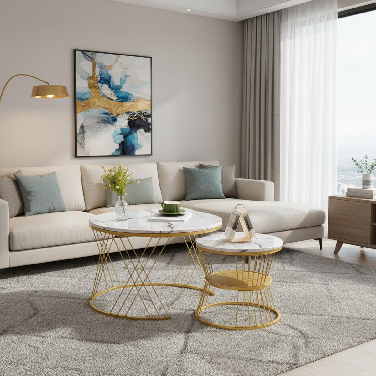 COUCHTISCH Nesting 2er-Set in Weiß Marmor-Optik - Eichefarben, Holzwerkstoff (70/70/45cm) - Urban Meuble