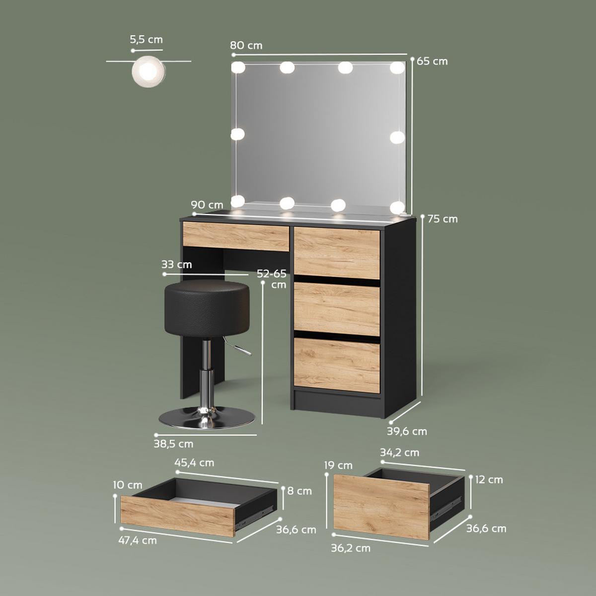 SCHMINKTISCH Imola Anthrazit/Goldkraft Eiche mit LED Beleuchtung und Hocker - Honigeiche/Anthrazit, Holzwerkstoff (90/75/40cm) - Livinity®