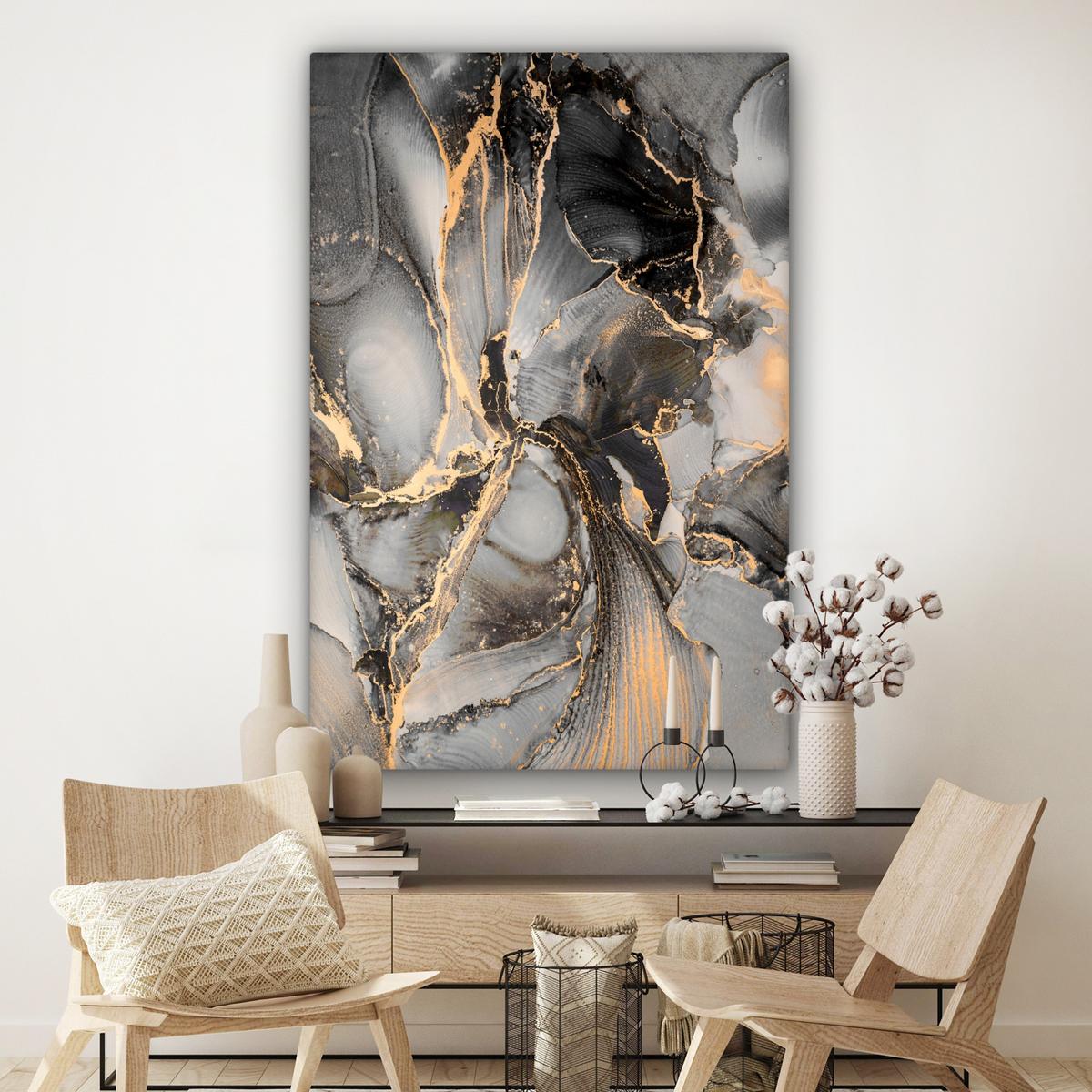 LEINWANDBILD Grau - Luxus - Gold - Marmor Deko Groß 90x140 cm - Dunkelgrau, Textil (90/140cm) - MuchoWow