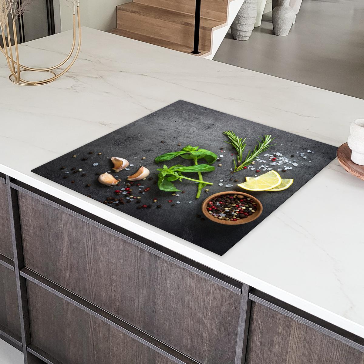 HERDABDECKPLATTE Limette - Kräuter - Gewürze - Grün - Grau - Beton Induktionsmatte 78x78 cm - Grün, Kunststoff (78/78/0.2cm) - MuchoWow