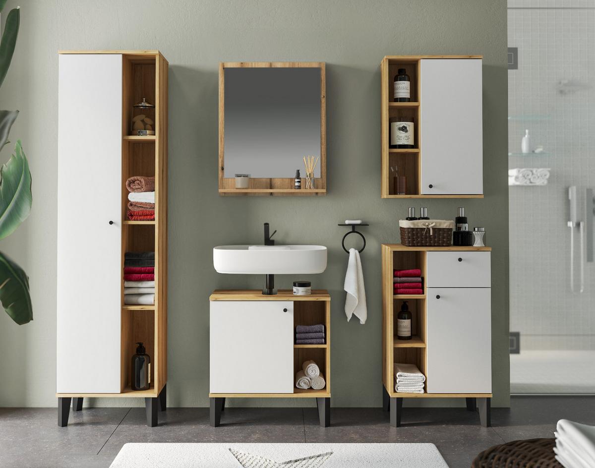 BADMÖBEL-SET 5-teilig weiß, Evoke Eiche, Badkombination, 182 x 190 cm - Eichefarben/Schwarz, Glas/Holzwerkstoff (182/190/33cm) - Furn.Design