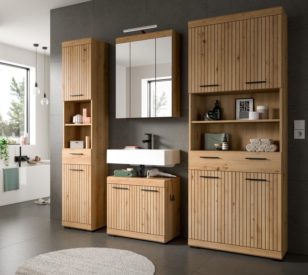 HOCHSCHRANK Eiche Artisan 74 x 191 cm, Badschrank in modernem Design - Schwarz/Eiche Artisan, Holzwerkstoff/Kunststoff (74/191/31cm) - Inn.Furn