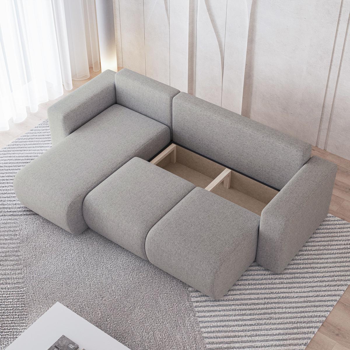 ECKSOFA RINOVA Hellgrau Geflochtener Stoff mit Schlaffunktion - Hellgrau, Holz (250/143cm) - MASSENO