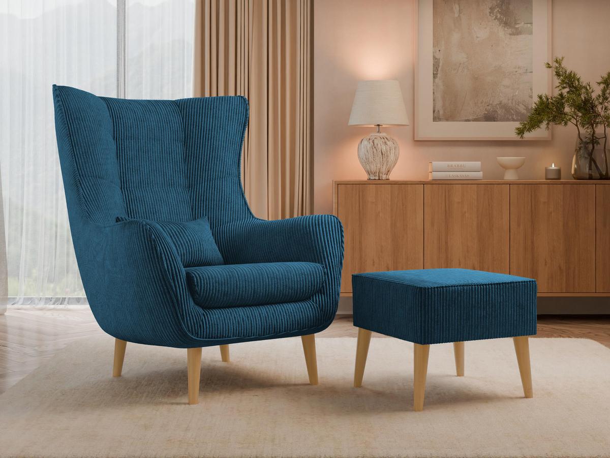 SESSEL Estjano Cord mit Fußbank - Beige/Dunkelblau, Holz/Textil (80/106/95cm) - MIRJAN24